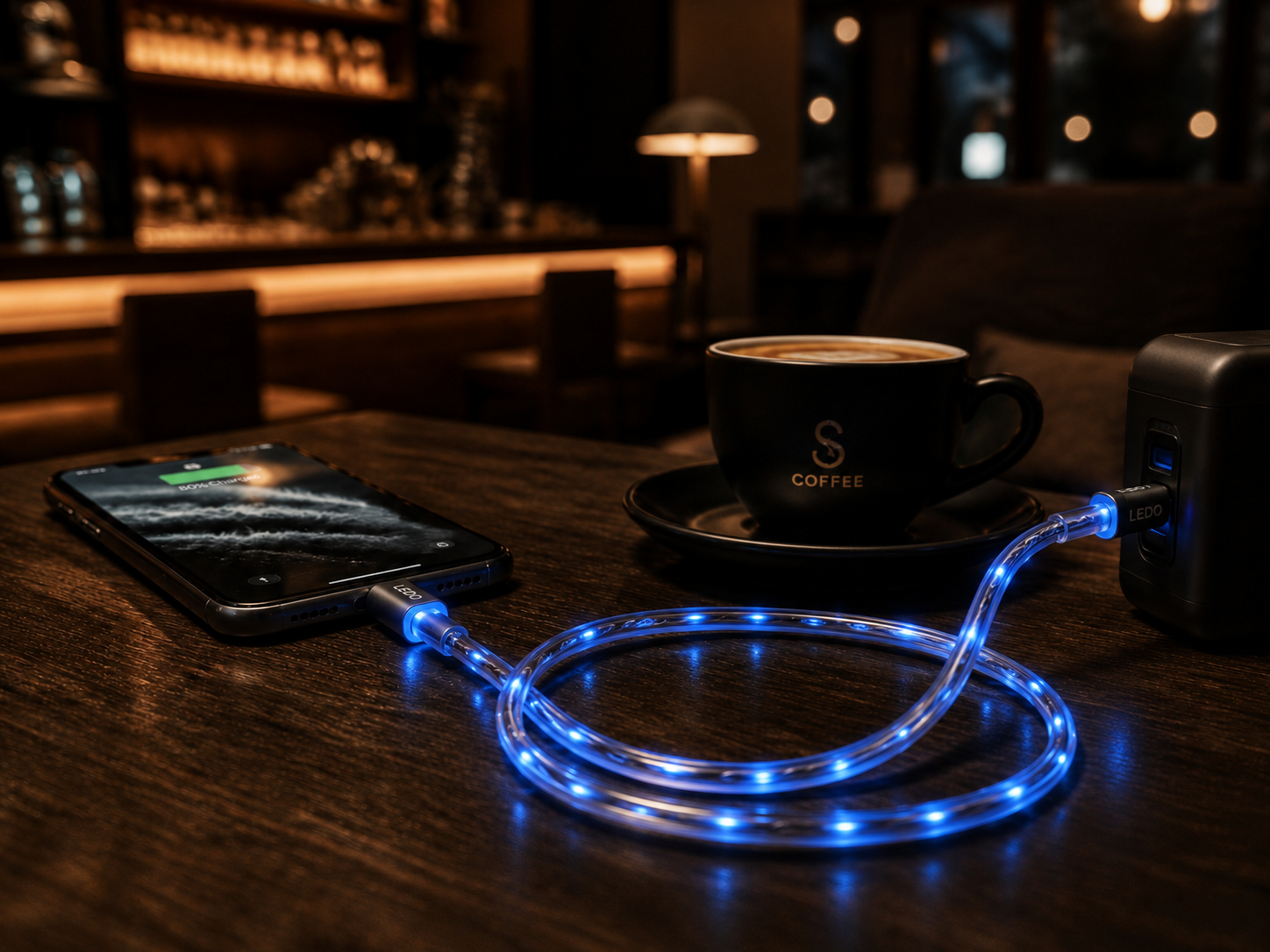 LEDO Flow cable on a coffee shop table