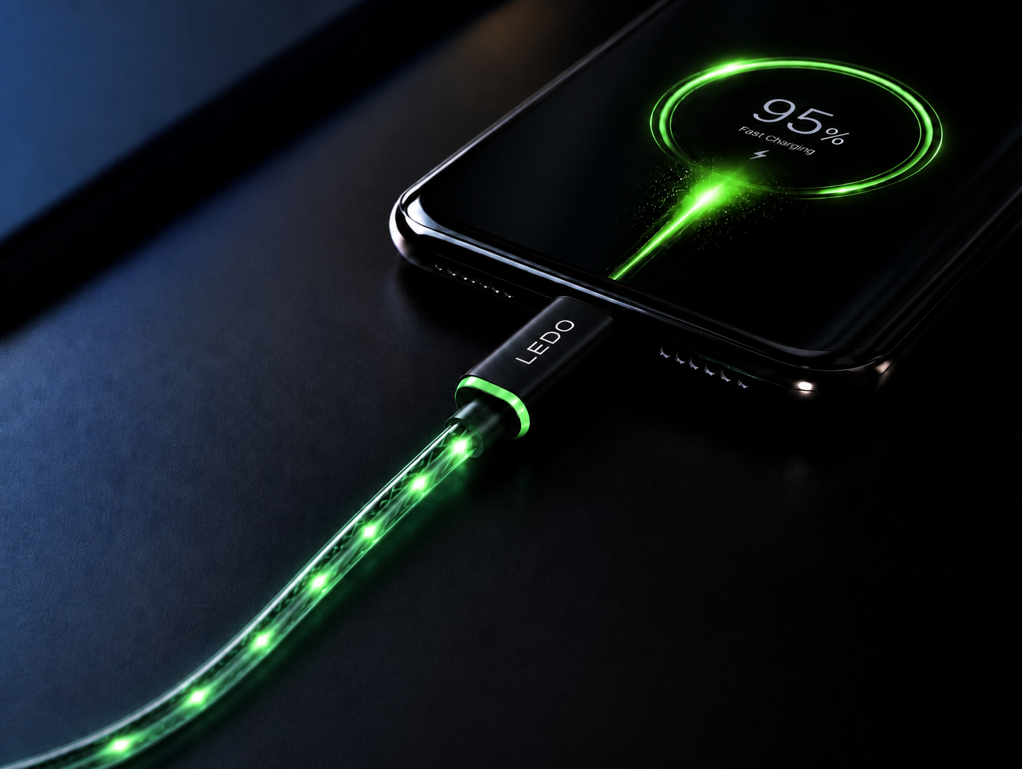 Smartphone displaying a 95 percent fast-charging indicator while connected to a LEDO Flow cable glowing green to signal a near-full battery
