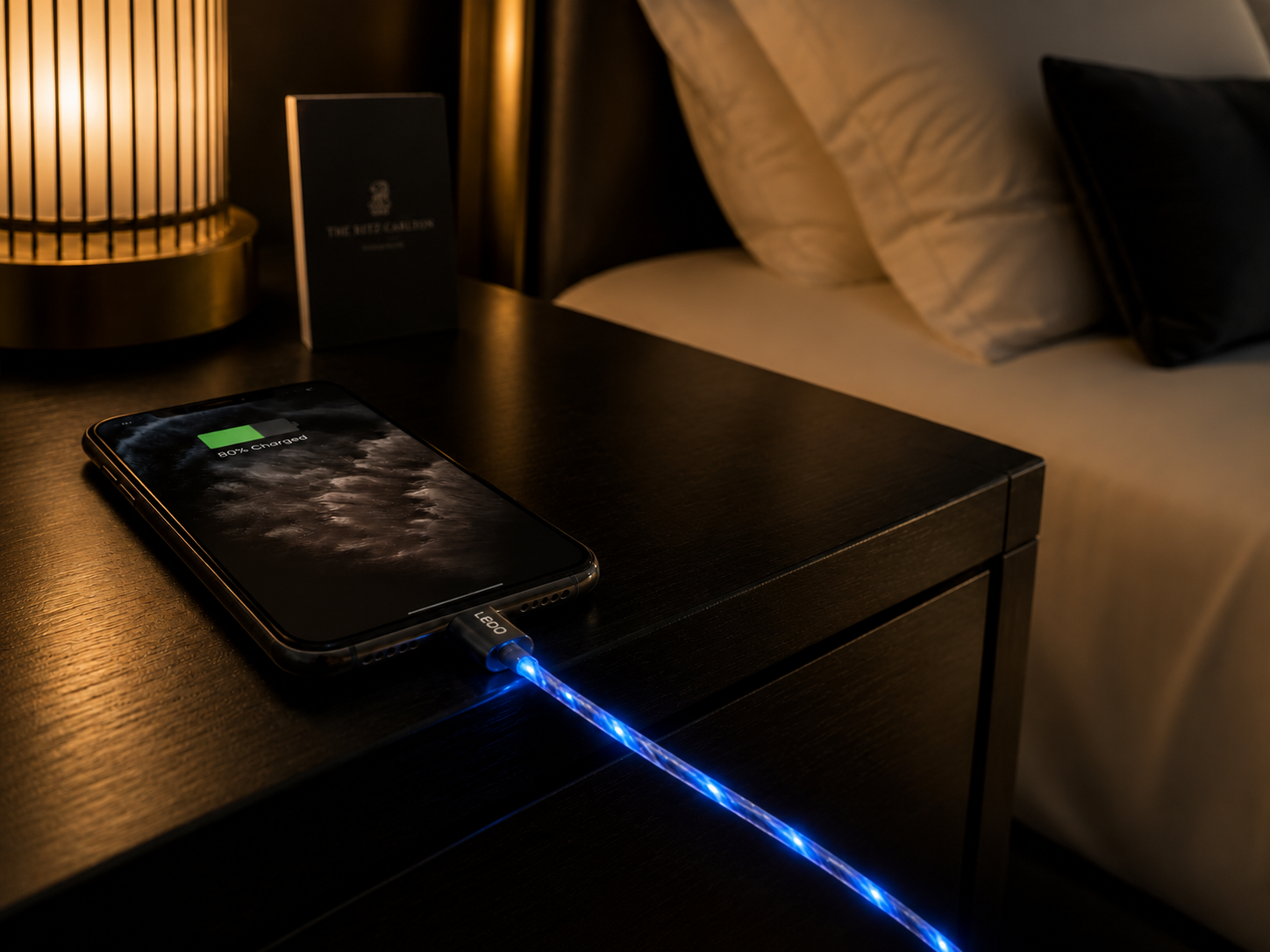 LEDO Flow cable charging phone on hotel nightstand