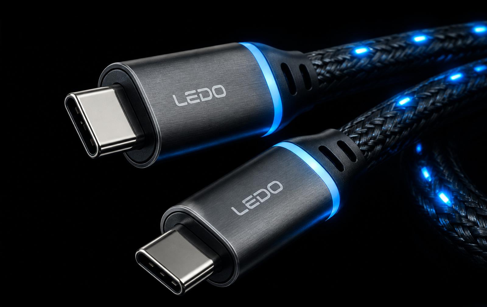 Macro shot of LEDO Flow USB-C connectors with blue LED glow