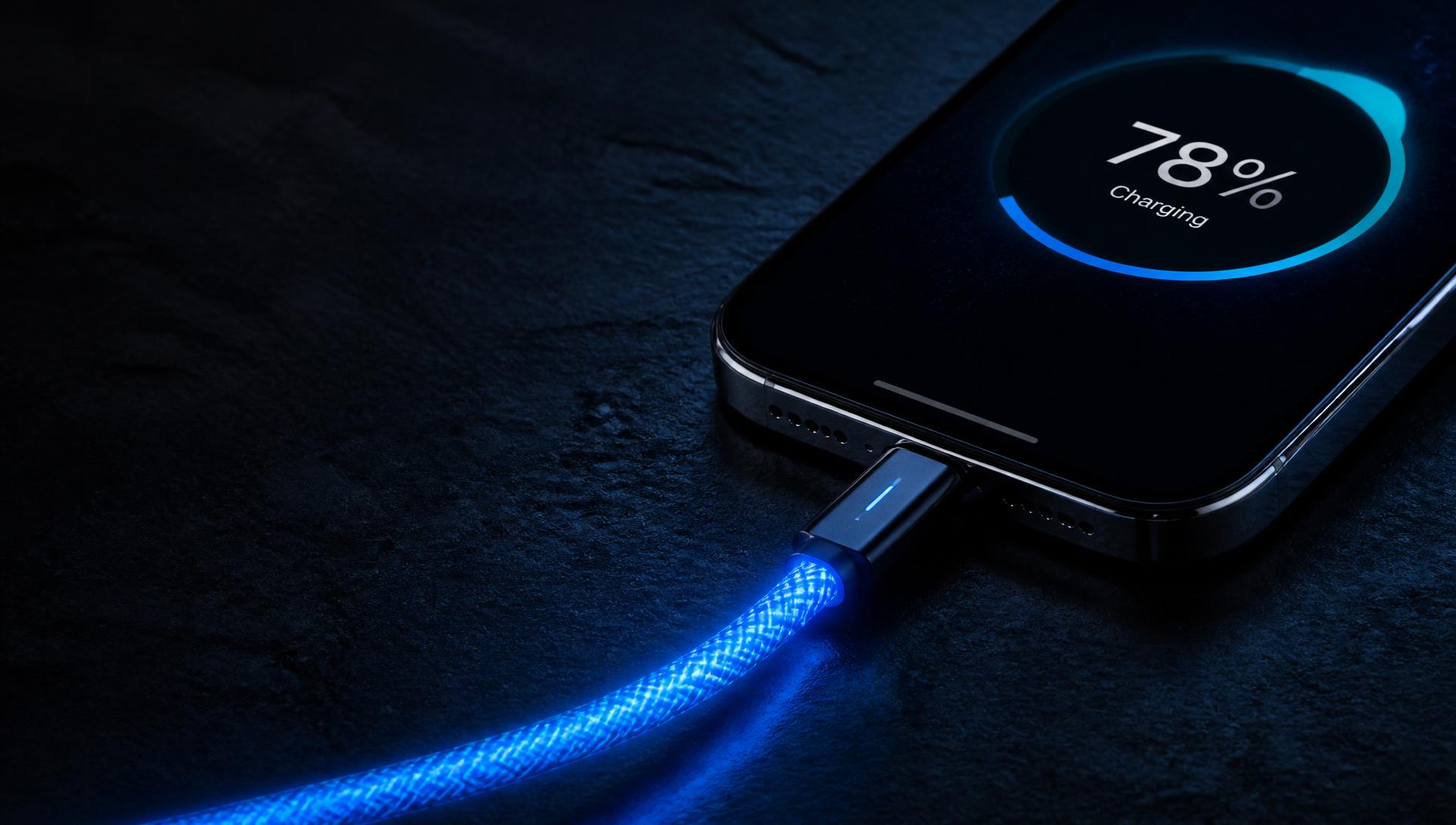 LEDO Flow cable glowing blue, charging a smartphone at 78%