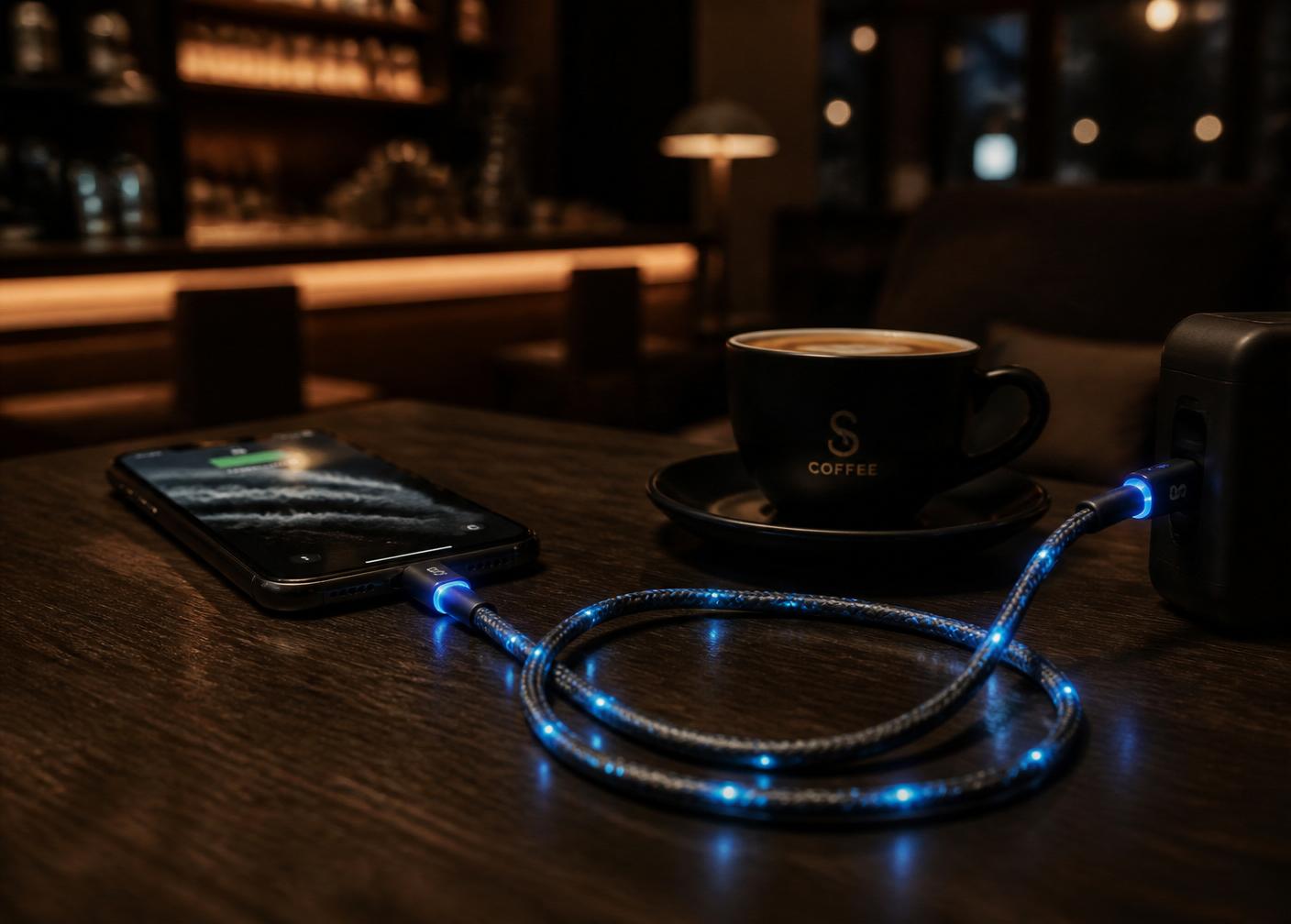 LEDO Flow cable on a coffee shop table
