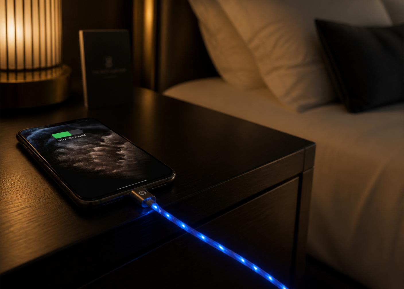 LEDO Flow cable charging phone on hotel nightstand